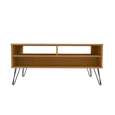 Móvel baixo em madeira com prateleiras abertas e gaveta, pernas metálicas pretas.