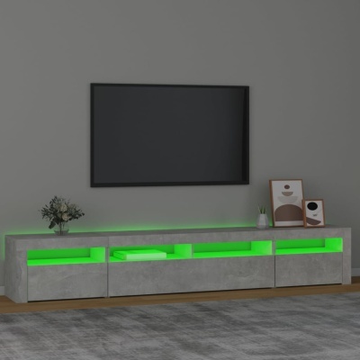 Móvel TV cinza cimento com LED verde e decoração minimalista