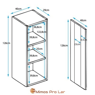 Desenho técnico de móvel com três prateleiras e porta com medidas em cm