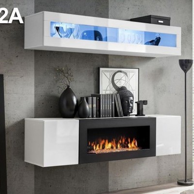 Conjunto de móveis de parede com lareira embutida e iluminação azul