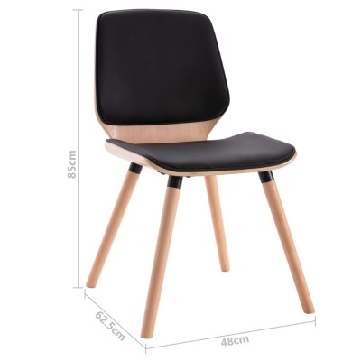 Cadeira preta com estrutura de madeira clara e dimensões destacadas