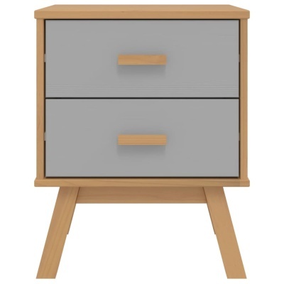 Móvel de madeira com duas gavetas cinza e puxadores de madeira clara