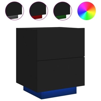 Móvel de gavetas preto com base azul e opções de cantos coloridos