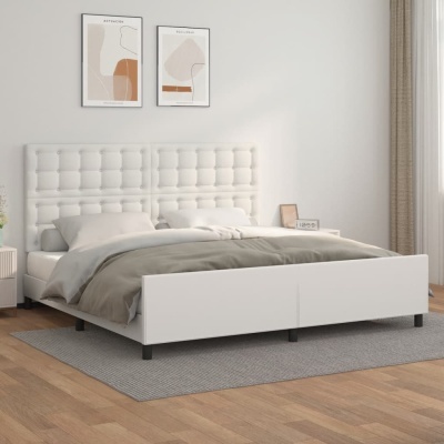 Cama de casal branca estofada com roupa de cama cinzenta e branca num quarto minimalista com decoração abstrata