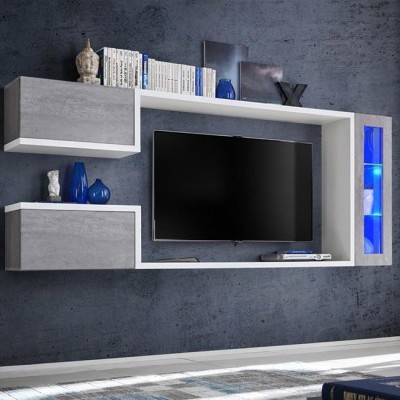 Móvel de parede moderno branco e cinza com televisão e iluminação azul