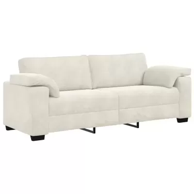 Sofá bege claro de três lugares com almofadas largas nos braços