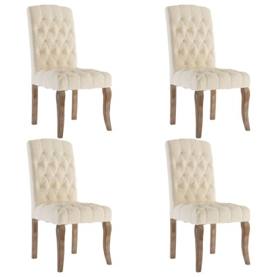 Conjunto de quatro cadeiras estofadas bege com pernas de madeira