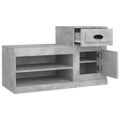 Móvel cinza claro estilo cimento com gaveta, porta e prateleiras abertas