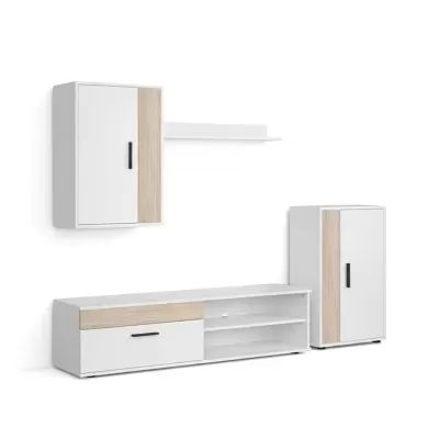 Conjunto de móveis modulares branco e madeira clara com puxadores pretos