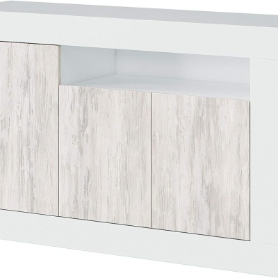 Móvel de apoio branco com portas em madeira clara e prateleira aberta