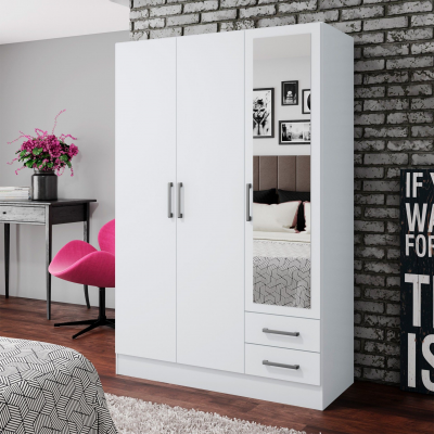 Guarda-roupa branco com porta espelho e gavetas junto a parede de tijolos cinzentos