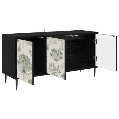 Móvel de canto preto com portas decoradas e interior preto