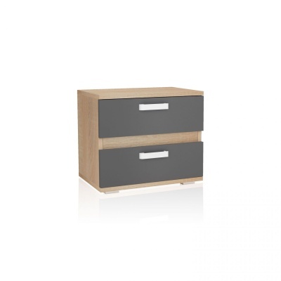 Mesa de cabeceira em madeira clara com duas gavetas cinzentas e puxadores brancos