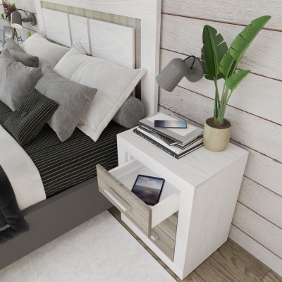 Quarto com cama, criado-mudo com gaveta aberta, livros, smartphone e planta, parede branca de madeira