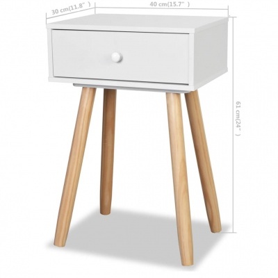 Mesa de apoio branca com gaveta e pernas em madeira clara