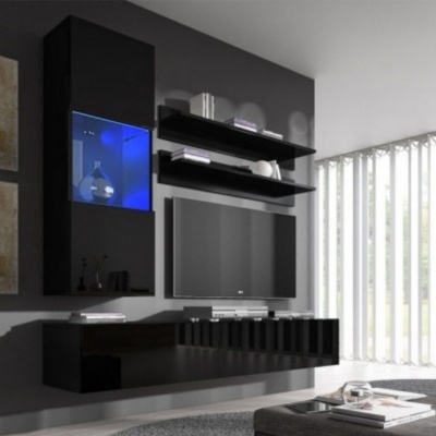 Móvel suspenso preto lacado com iluminação azul interna em sala moderna