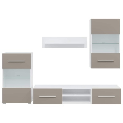 Conjunto de móveis para sala branca e cinza taupe com portas de vidro e puxadores metálicos.