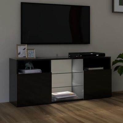 Móvel de TV preto lacado com gavetas e prateleiras, televisão montada na parede e dois quadros pequenos em cima do móvel