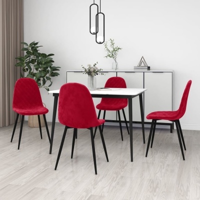 Conjunto de sala de jantar com mesa branca e cadeiras vermelhas