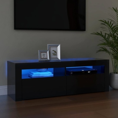 Móvel de televisão preto com iluminação LED azul e elemenots decorativos