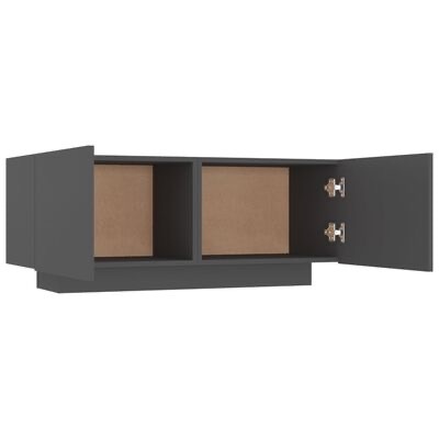 Móvel de parede cinza com portas abertas, interior de madeira clara