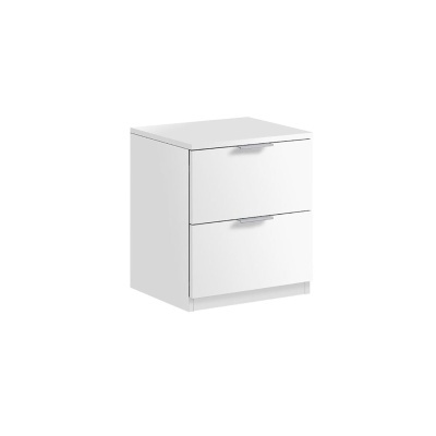 Móvel branco de duas gavetas com puxadores metálicos