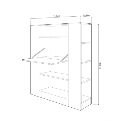 Desenho técnico de armário branco com porta que se abre para baixo e prateleiras internas