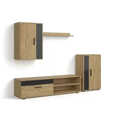 Conjunto de móveis de sala em madeira clara com detalhes pretos