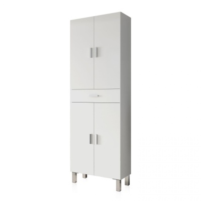 Armário de madeira branco com quatro portas e uma gaveta, com pernas metálicas