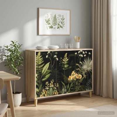 Aparador de madeira claro com padrão de folhas e flores nas portas numa sala com parede cinza e cortinas bege