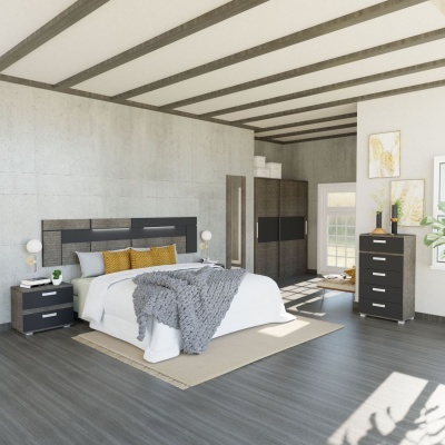 Quarto moderno com cama, mesas de cabeceira, armário e cómoda em madeira escura com detalhes pretos