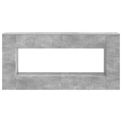 Aparador cinza em madeira com textura frisada e espaço aberto central em fundo branco