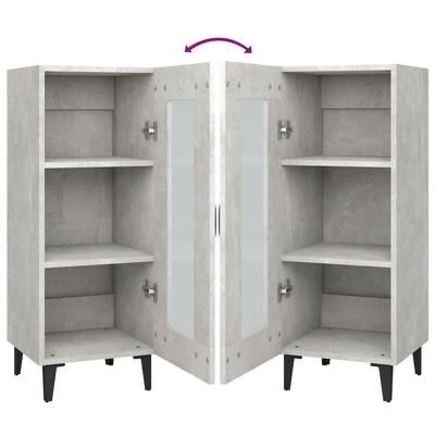 Armário de canto cinza com portas em vidro fosco e prateleiras internas