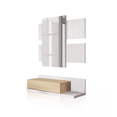 Conjunto de móvel de casa de banho com espelho e prateleira com gaveta em madeira clara