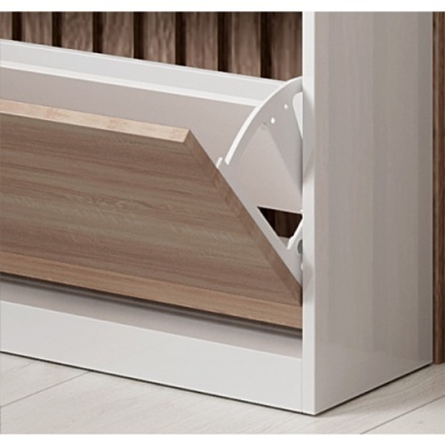 Móvel de arrumação branco com painel inclinável em madeira clara