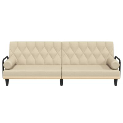 Sofá cama bege com costura em padrão diamante e braços pretos metálicos