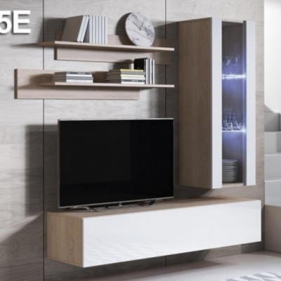 Conjunto de móveis de sala com prateleiras, armário com vidro e base para televisão