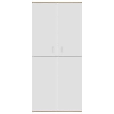 Armário branco de quatro portas com topo em madeira castanha clara