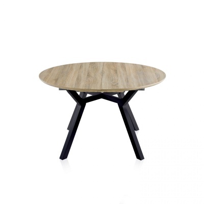 Mesa redonda em madeira e metal com pernas pretas