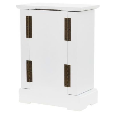 Móvel branco de madeira com duas portas e dobradiças metálicas