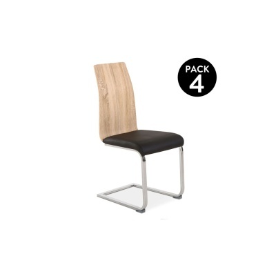 Cadeira moderna com encosto em madeira clara e assento preto, estrutura cromada, pack de 4