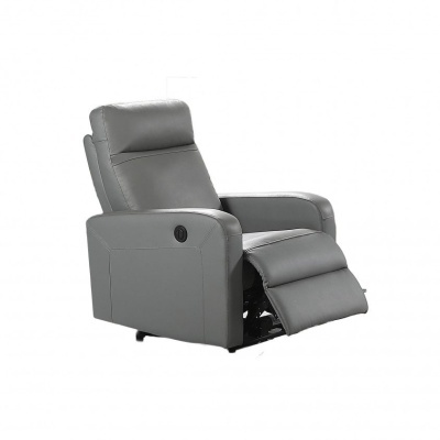 Poltrona reclinável em couro sintético cinzento com apoio de braços.