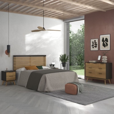 Quarto moderno com cama, mesas de cabeceira, cómoda, poltrona, tapete e janela para jardim