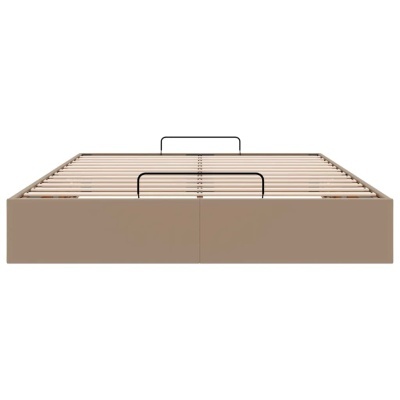 Estrado de cama bege com ripas de madeira e suportes metálicos pretos