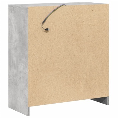 Móvel suporte com estrutura cinzenta e frente em madeira clara com fio pendente.