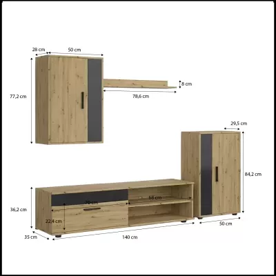 Conjunto de móveis de madeira clara com painéis cinzentos e puxadores pretos e medidas em centímetros.