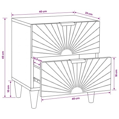 Móvel de madeira com 2 gavetas e padrões semicirculares desenhados.