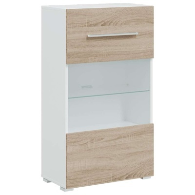 móvel de arrumação branco com portas em madeira clara e prateleira de vidro