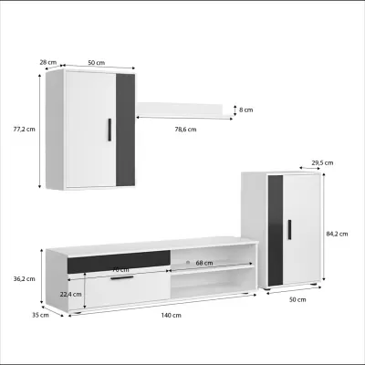 Conjunto de móveis brancos e pretos com medidas indicadas
