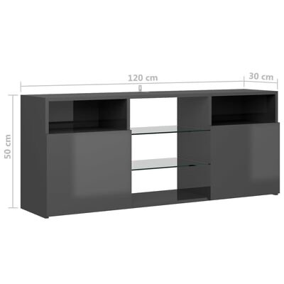 móvel baixo cinzento com portas e prateleiras de vidro em fundo branco